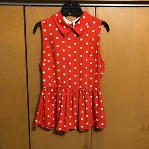 Red w/white polka dot peplum blouse.